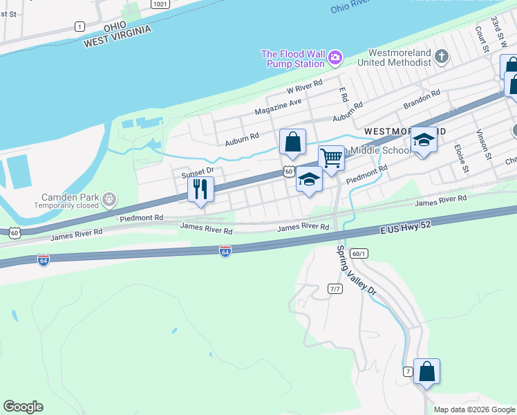 map of restaurants, bars, coffee shops, grocery stores, and more near 4605 Piedmont Road in Huntington