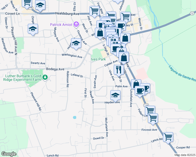 map of restaurants, bars, coffee shops, grocery stores, and more near 501 Swain Ave in Sebastopol