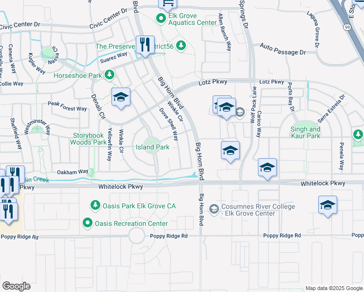 map of restaurants, bars, coffee shops, grocery stores, and more near 9937 Dove Shell Way in Elk Grove
