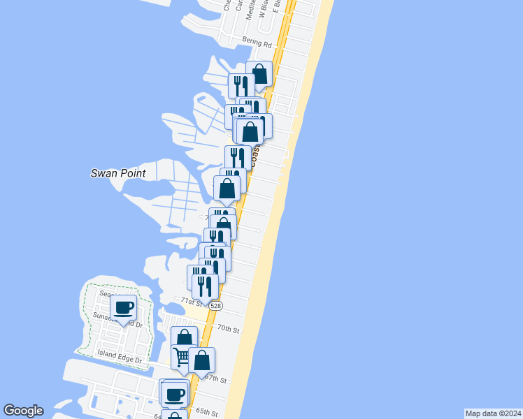 map of restaurants, bars, coffee shops, grocery stores, and more near 8 77th Street in Ocean City