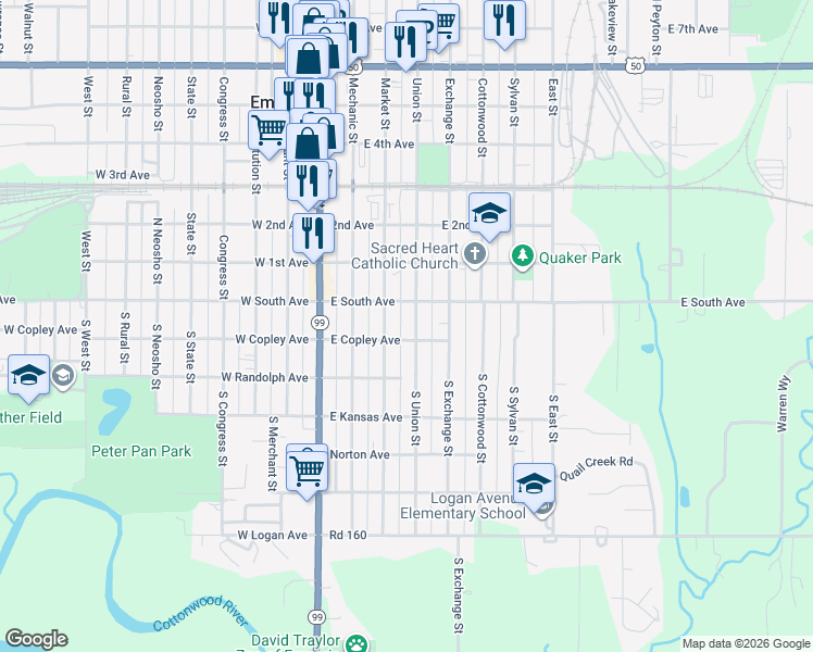 map of restaurants, bars, coffee shops, grocery stores, and more near 17 South Union Street in Emporia