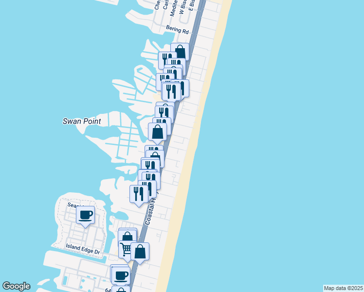 map of restaurants, bars, coffee shops, grocery stores, and more near 12 77th Street in Ocean City