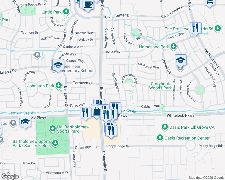 map of restaurants, bars, coffee shops, grocery stores, and more near 7413 Abbey Circle in Elk Grove