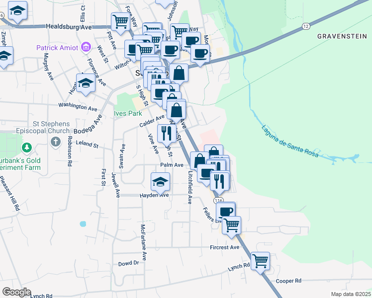 map of restaurants, bars, coffee shops, grocery stores, and more near 615 Gravenstein Highway South in Sebastopol