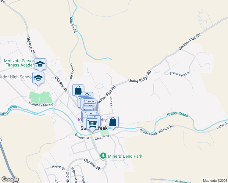 map of restaurants, bars, coffee shops, grocery stores, and more near 90 Gopher Flat Rd in Sutter Creek