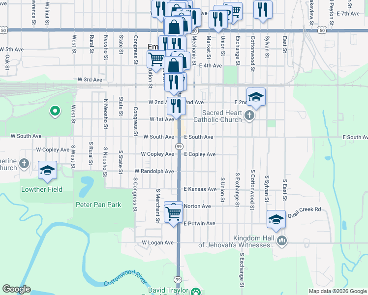 map of restaurants, bars, coffee shops, grocery stores, and more near 18 South Commercial Street in Emporia