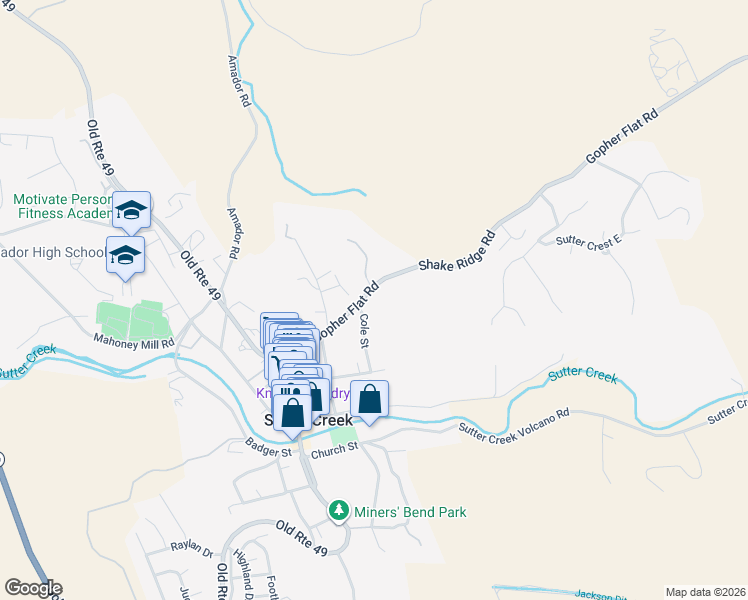 map of restaurants, bars, coffee shops, grocery stores, and more near 90 Gopher Flat Road in Sutter Creek