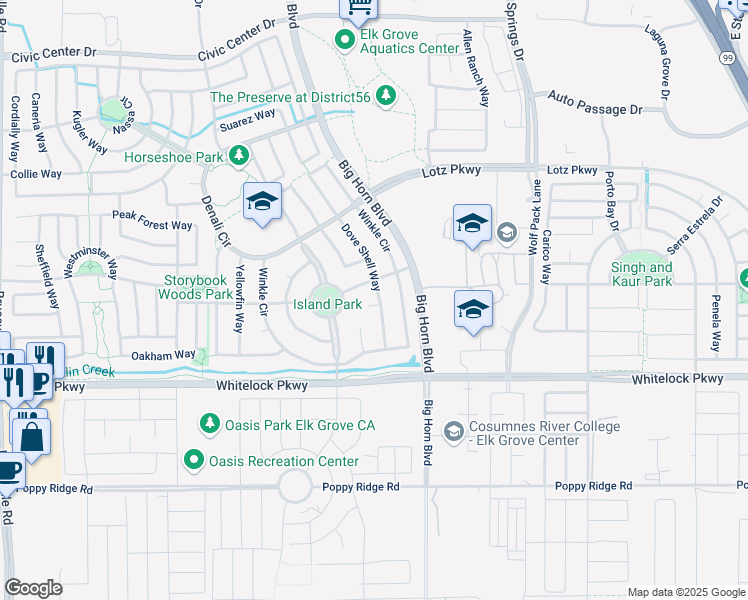 map of restaurants, bars, coffee shops, grocery stores, and more near 9937 Dove Shell Way in Elk Grove