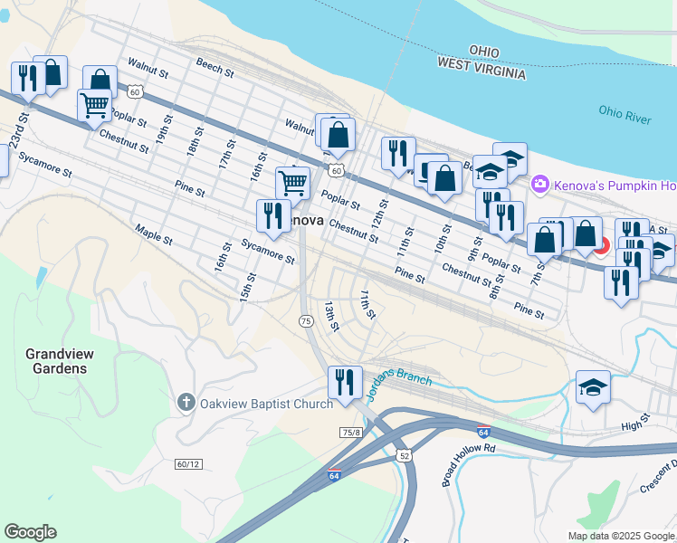 map of restaurants, bars, coffee shops, grocery stores, and more near 700 13th St in Kenova