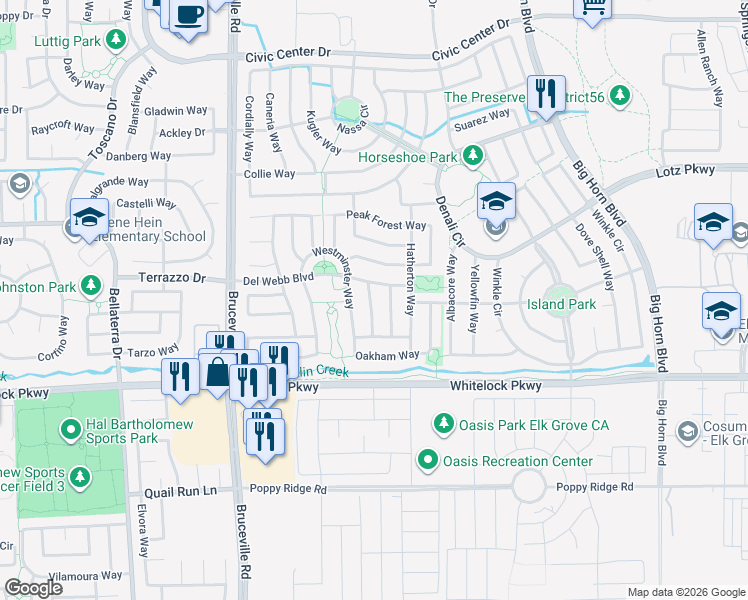 map of restaurants, bars, coffee shops, grocery stores, and more near 9931 Kennet Way in Elk Grove