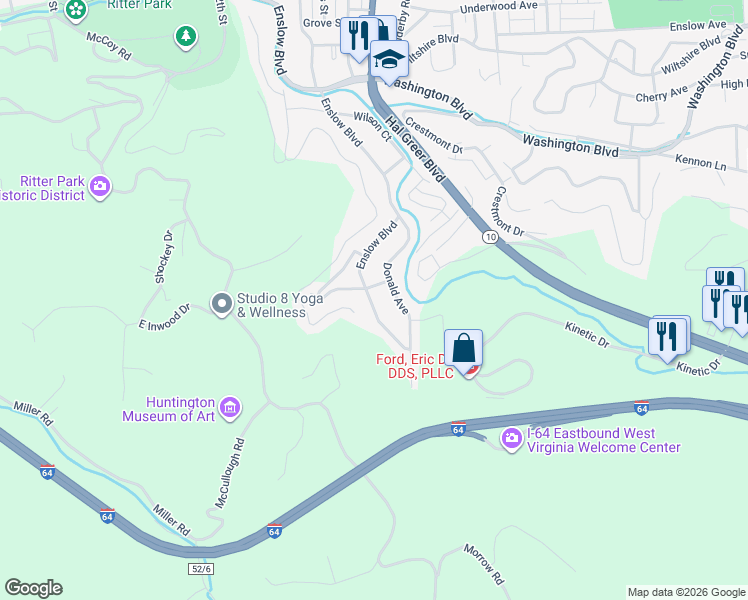 map of restaurants, bars, coffee shops, grocery stores, and more near 2106 Enslow Boulevard in Huntington