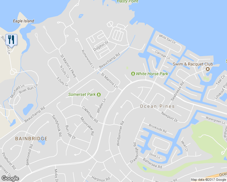 map of restaurants, bars, coffee shops, grocery stores, and more near 43 White Horse Drive in Ocean Pines