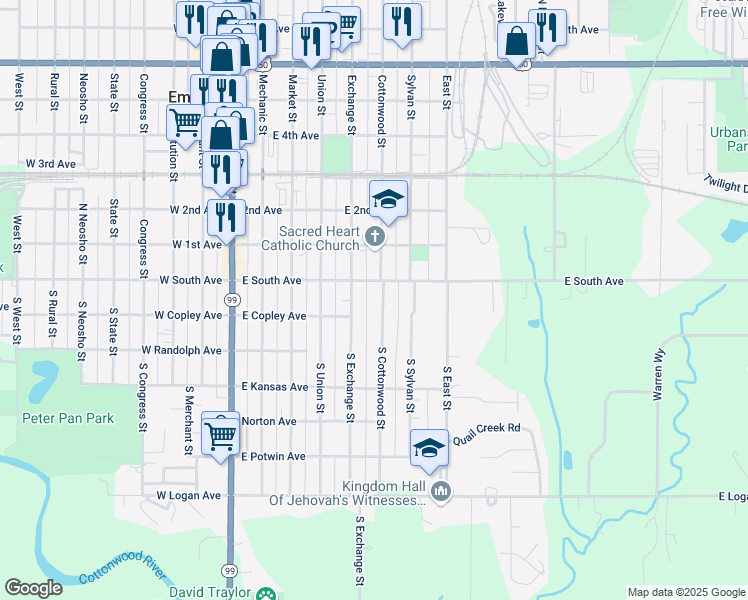 map of restaurants, bars, coffee shops, grocery stores, and more near 15 S Cottonwood St in Emporia