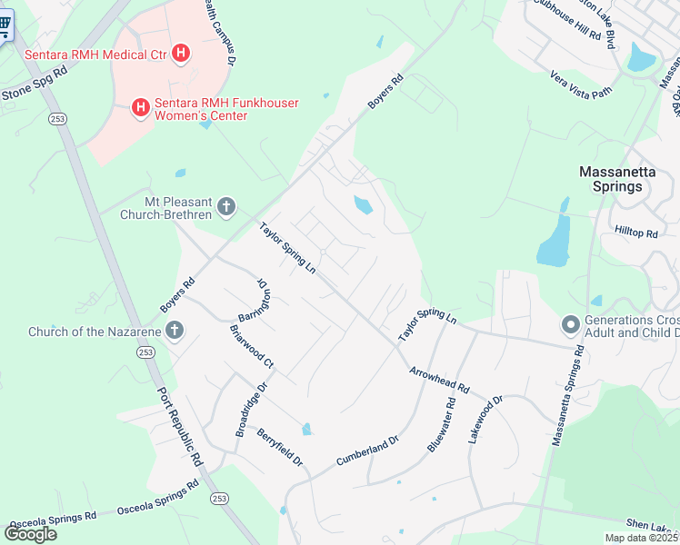 map of restaurants, bars, coffee shops, grocery stores, and more near 1463 Flowing Spring Lane in Harrisonburg