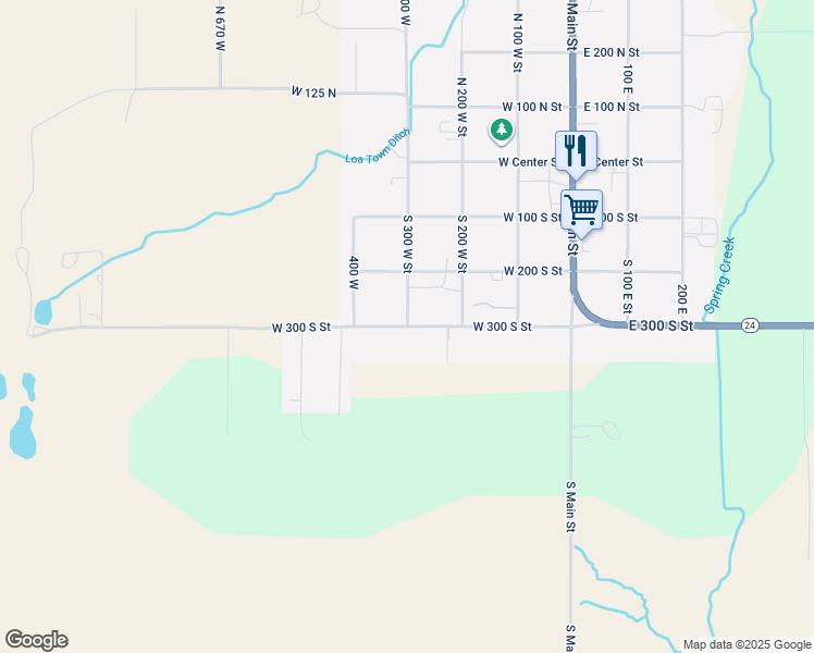 map of restaurants, bars, coffee shops, grocery stores, and more near 384 West 300 South Street in Loa