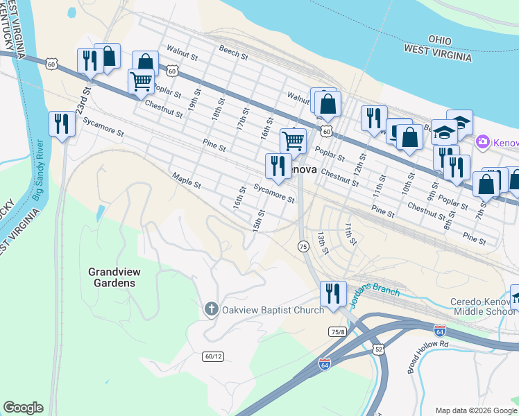 map of restaurants, bars, coffee shops, grocery stores, and more near 1510 Maple Street in Kenova