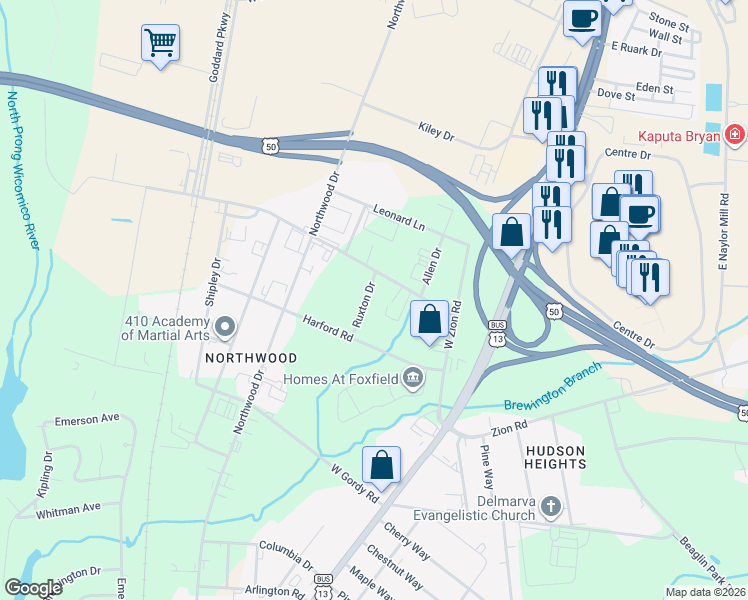 map of restaurants, bars, coffee shops, grocery stores, and more near 2111 Ruxton Drive in Salisbury