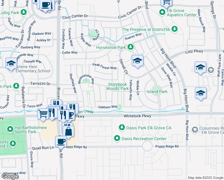 map of restaurants, bars, coffee shops, grocery stores, and more near 9878 Hatherton Way in Elk Grove