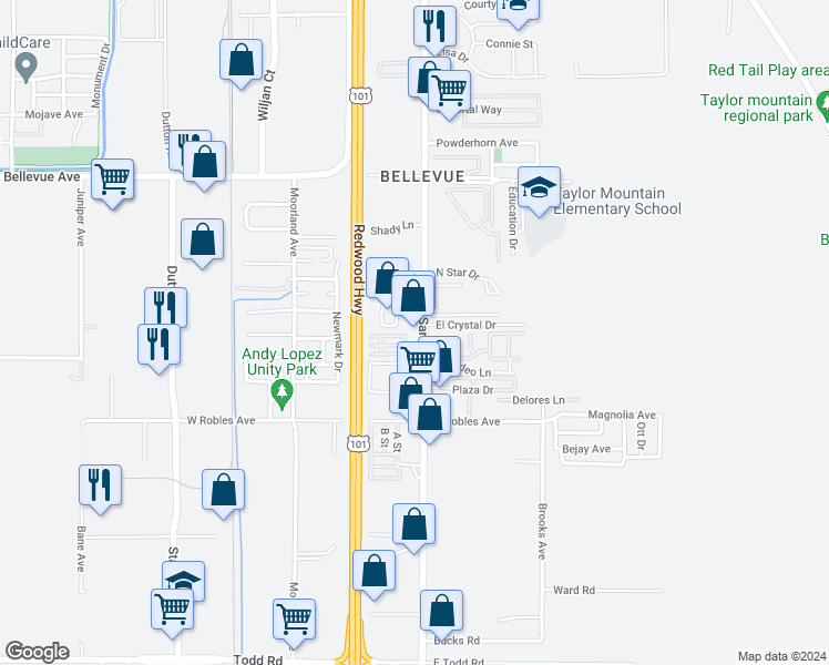 map of restaurants, bars, coffee shops, grocery stores, and more near 3301 Santa Rosa Avenue in Santa Rosa