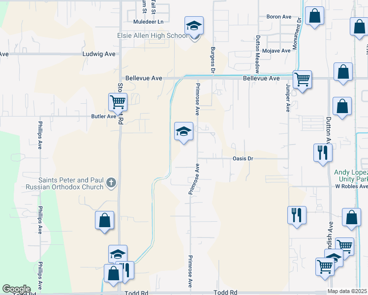 map of restaurants, bars, coffee shops, grocery stores, and more near Primrose Avenue in Santa Rosa
