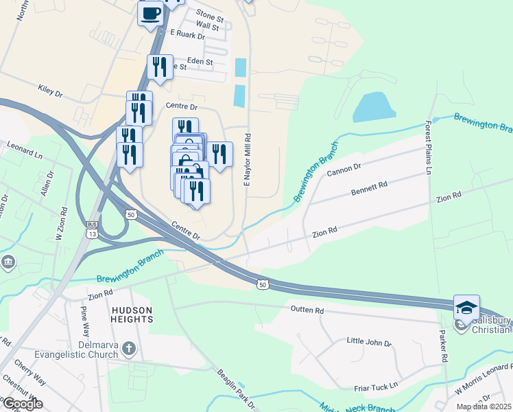 map of restaurants, bars, coffee shops, grocery stores, and more near 101 Overlook Drive in Salisbury