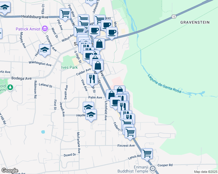 map of restaurants, bars, coffee shops, grocery stores, and more near 565 Petaluma Avenue in Sebastopol