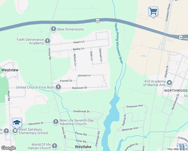 map of restaurants, bars, coffee shops, grocery stores, and more near 414 Dorsey Ln in Salisbury