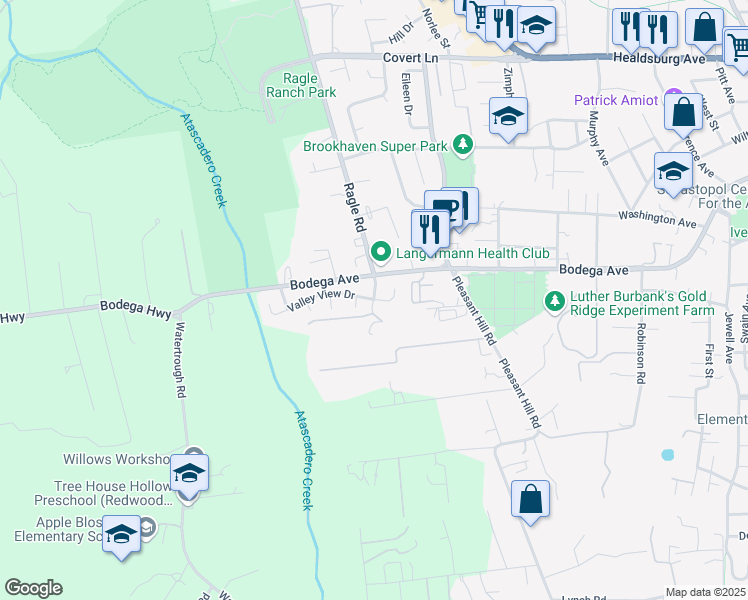 map of restaurants, bars, coffee shops, grocery stores, and more near Valley View Dr & Ragle Ave S in Sebastopol