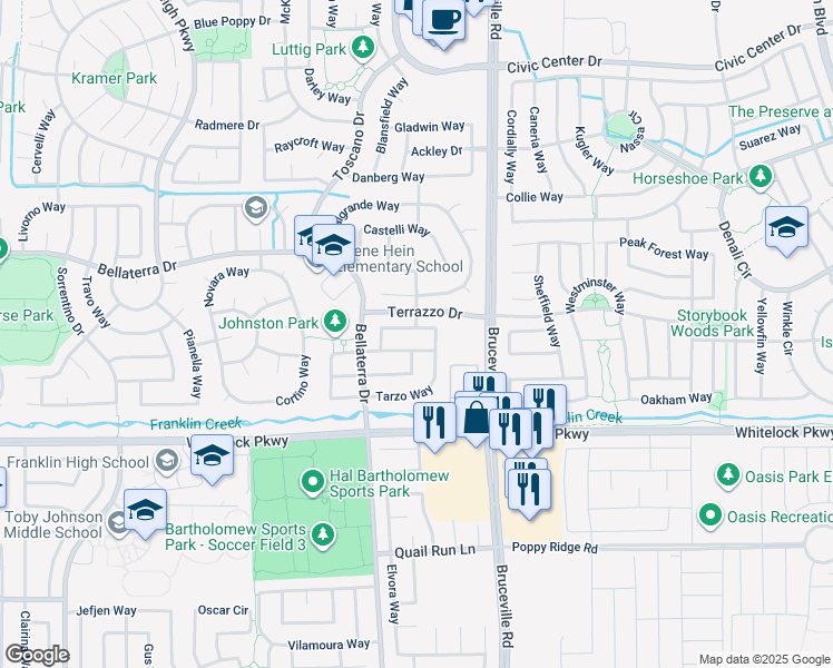 map of restaurants, bars, coffee shops, grocery stores, and more near 9862 Tarzo Way in Elk Grove