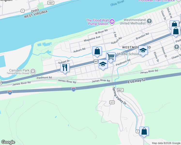 map of restaurants, bars, coffee shops, grocery stores, and more near 4605 Piedmont Road in Huntington