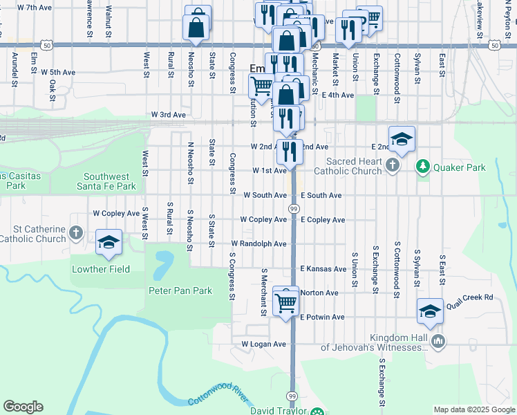map of restaurants, bars, coffee shops, grocery stores, and more near 19 South Constitution Street in Emporia