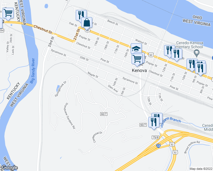 map of restaurants, bars, coffee shops, grocery stores, and more near 1620 Glen Avenue in Kenova