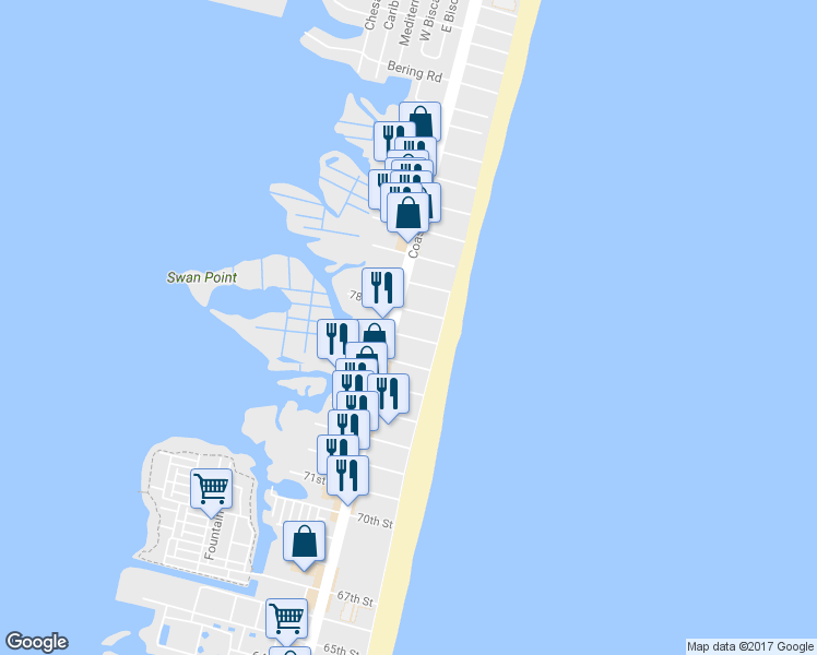 map of restaurants, bars, coffee shops, grocery stores, and more near 16 77th Street in Ocean City