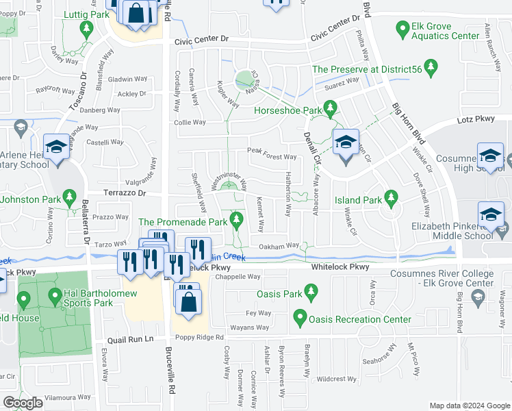 map of restaurants, bars, coffee shops, grocery stores, and more near 9922 Kennet Way in Elk Grove