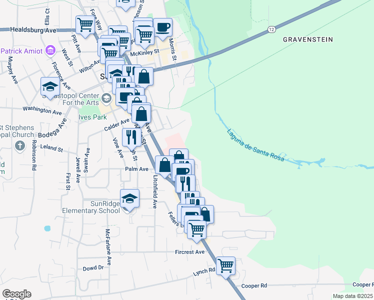 map of restaurants, bars, coffee shops, grocery stores, and more near 6700 Palm Avenue in Sebastopol