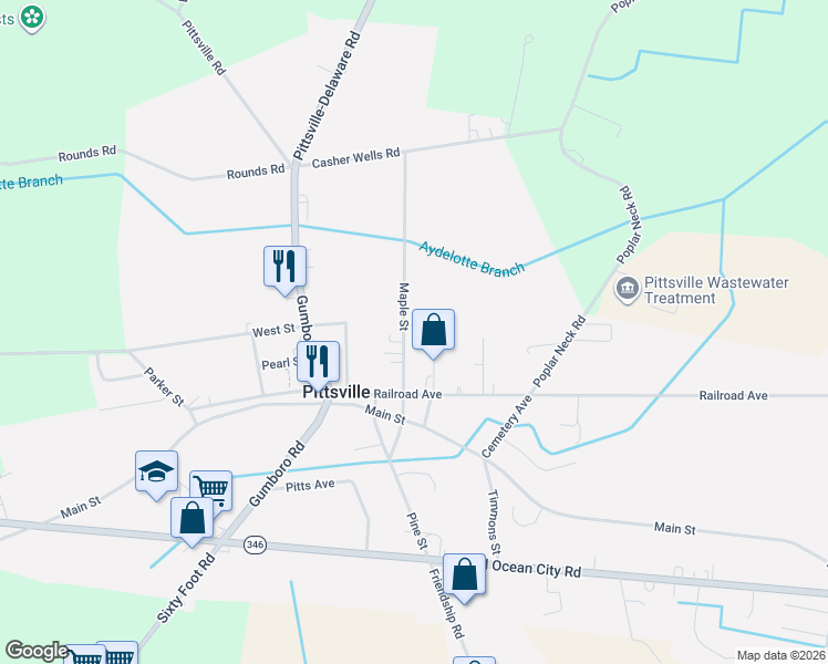 map of restaurants, bars, coffee shops, grocery stores, and more near 7541 Maple Street in Pittsville
