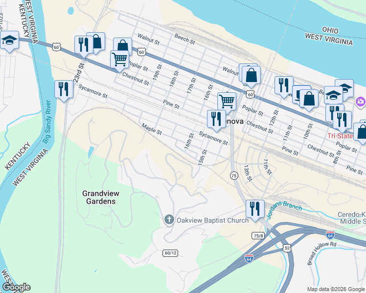 map of restaurants, bars, coffee shops, grocery stores, and more near 909 Glen Avenue in Kenova