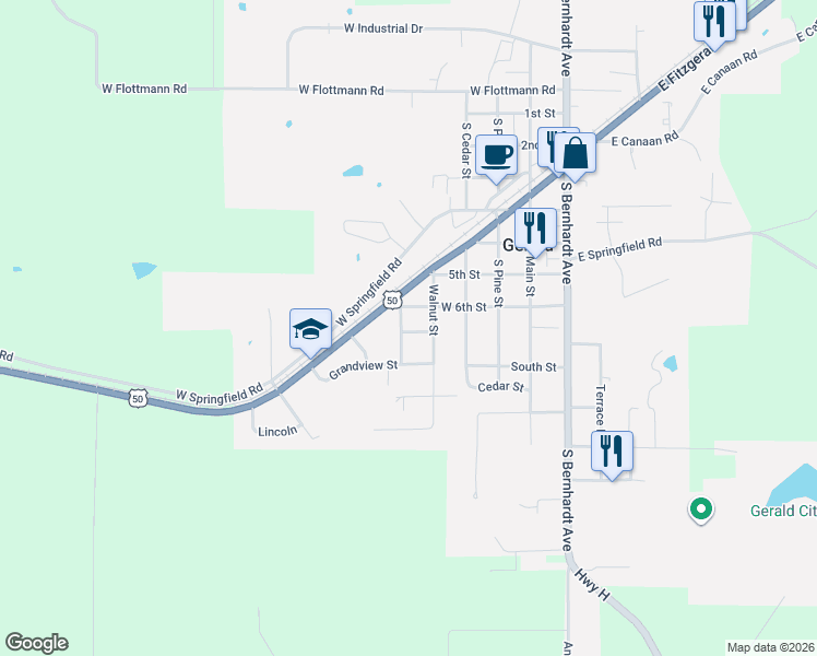 map of restaurants, bars, coffee shops, grocery stores, and more near 314 West Mildred Street in Gerald