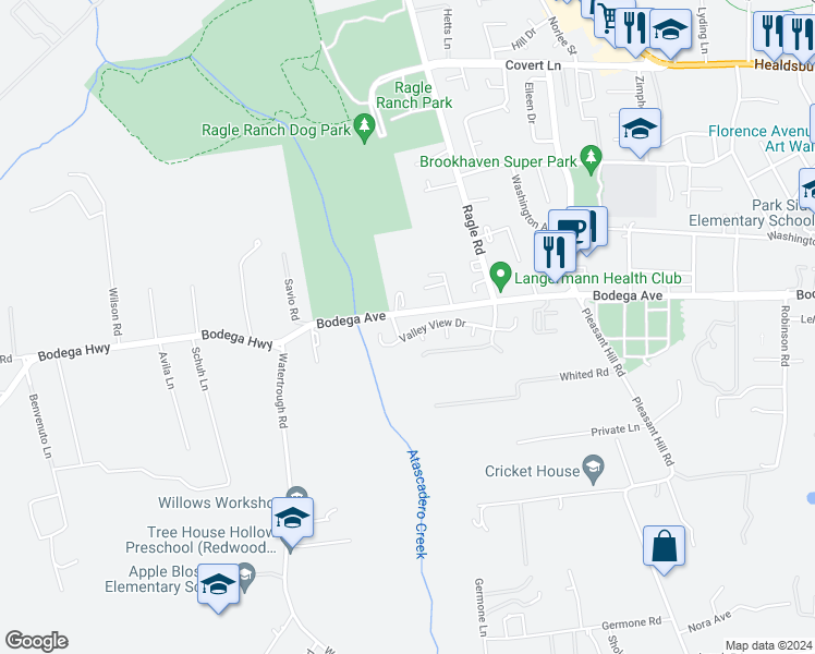 map of restaurants, bars, coffee shops, grocery stores, and more near 8282 Valley View Drive in Sebastopol
