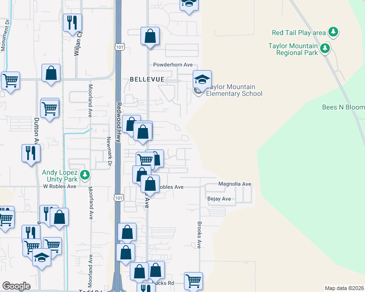map of restaurants, bars, coffee shops, grocery stores, and more near 144 El Crystal Drive in Santa Rosa