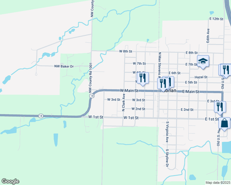 map of restaurants, bars, coffee shops, grocery stores, and more near 307 West Main Street in Adrian