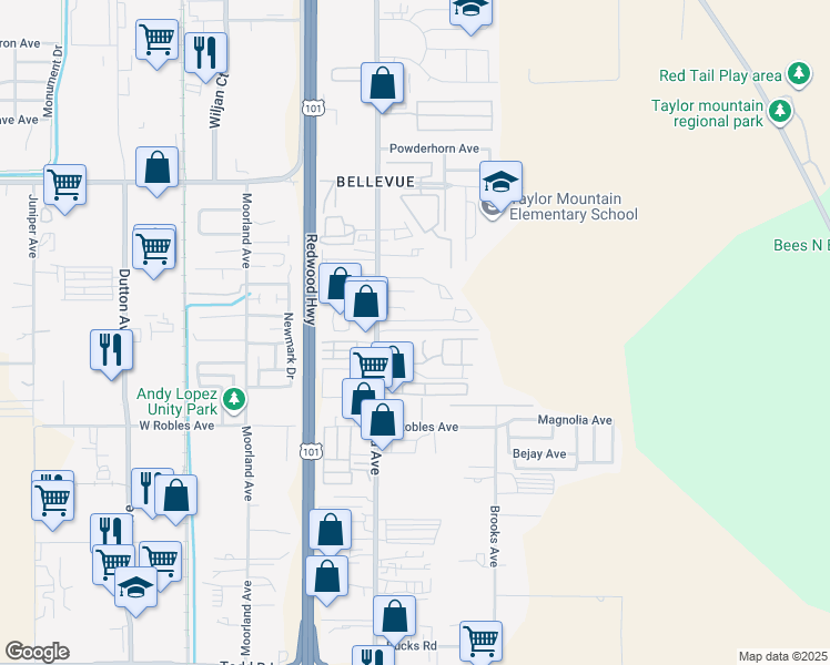 map of restaurants, bars, coffee shops, grocery stores, and more near 120 El Crystal Drive in Santa Rosa