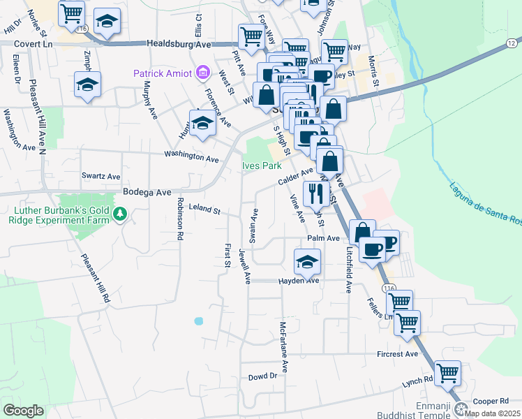 map of restaurants, bars, coffee shops, grocery stores, and more near 501 Swain Avenue in Sebastopol