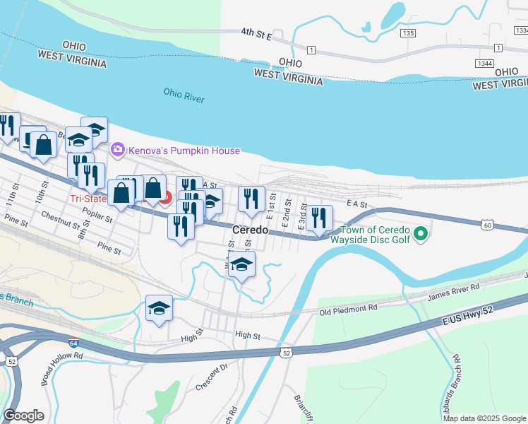 map of restaurants, bars, coffee shops, grocery stores, and more near in Ceredo