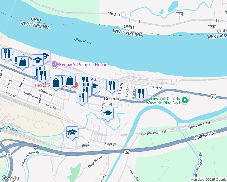 map of restaurants, bars, coffee shops, grocery stores, and more near in Ceredo
