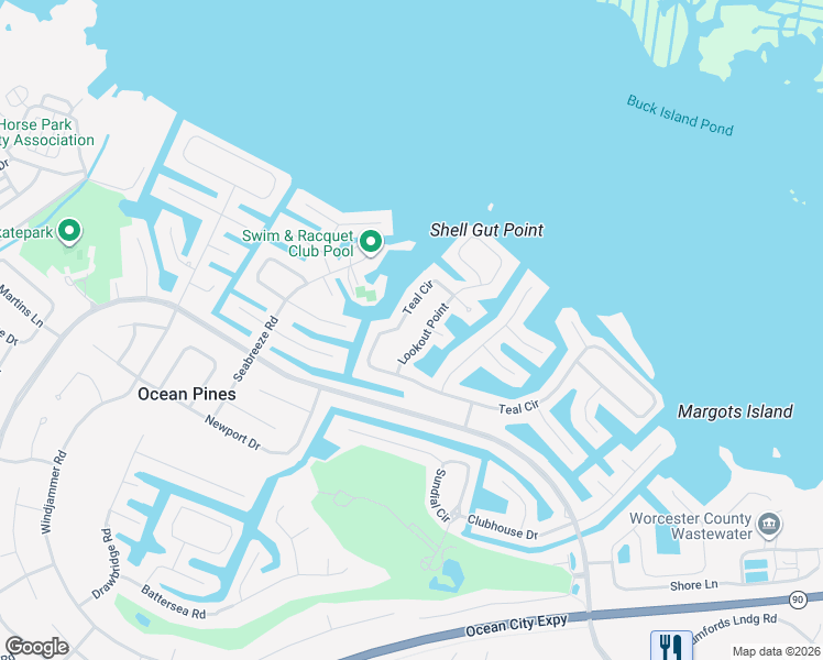 map of restaurants, bars, coffee shops, grocery stores, and more near 11 Lookout Point in Ocean Pines