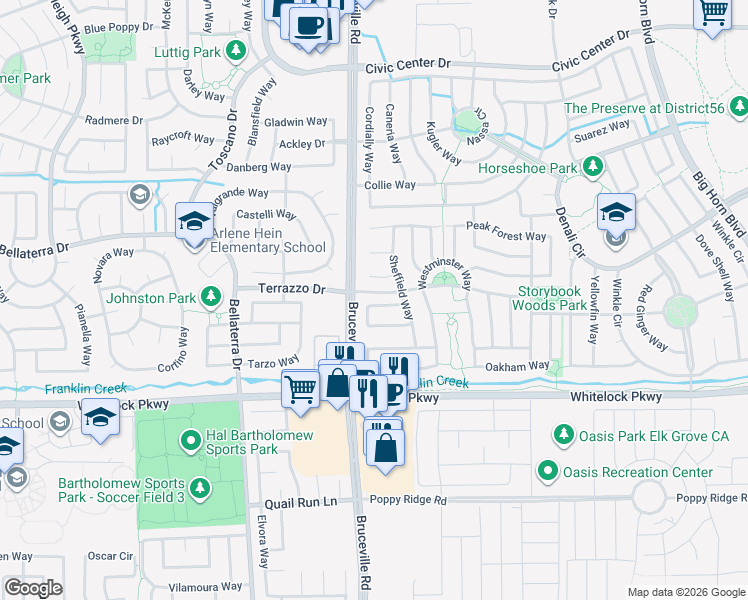 map of restaurants, bars, coffee shops, grocery stores, and more near 7413 Abbey Circle in Elk Grove