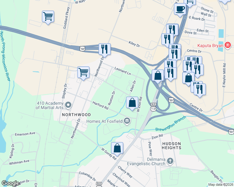 map of restaurants, bars, coffee shops, grocery stores, and more near 2111 Ruxton Drive in Salisbury