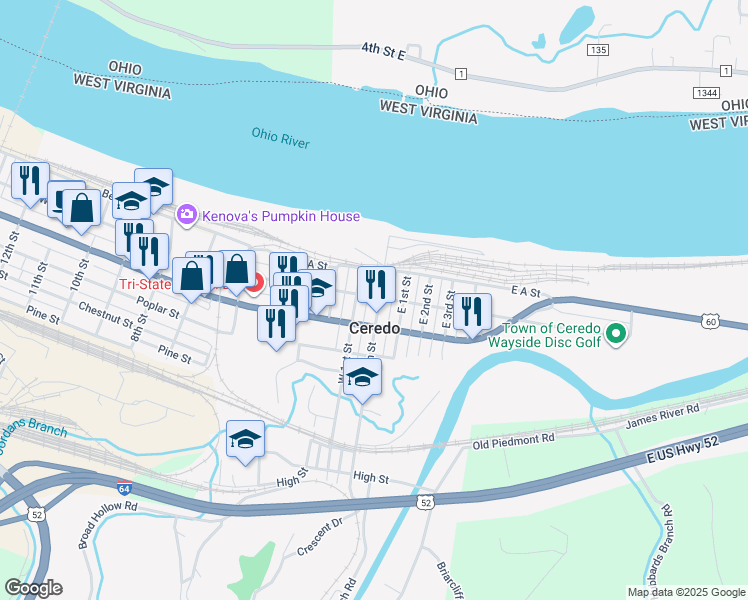 map of restaurants, bars, coffee shops, grocery stores, and more near in Ceredo