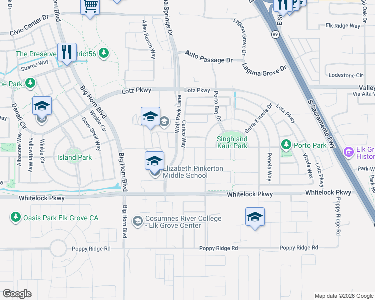 map of restaurants, bars, coffee shops, grocery stores, and more near 9932 Great Skua Way in Elk Grove